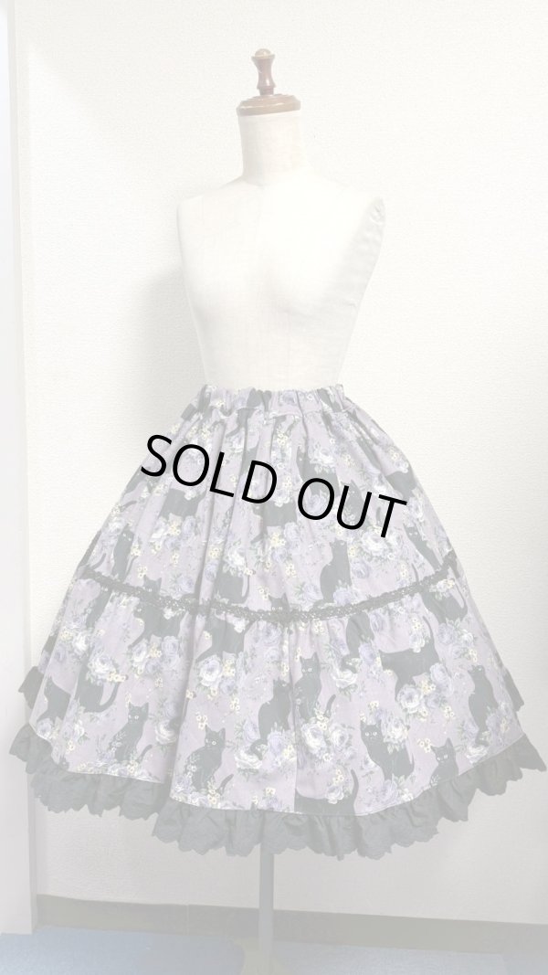 画像1: 9ハンドメイドギャザー2段ティアードスカート【猫柄紫系・52cm丈】