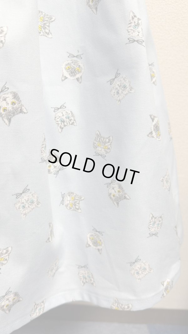 画像2: 1ハンドメイドギャザースカート【猫柄水色・66cm丈】