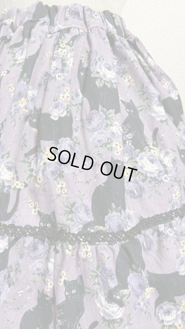 画像4: 9ハンドメイドギャザー2段ティアードスカート【猫柄紫系・52cm丈】