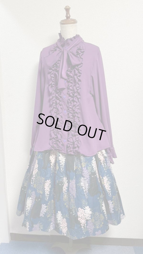 画像5: 5ハンドメイドギャザースカート【猫柄青系・70cm丈】