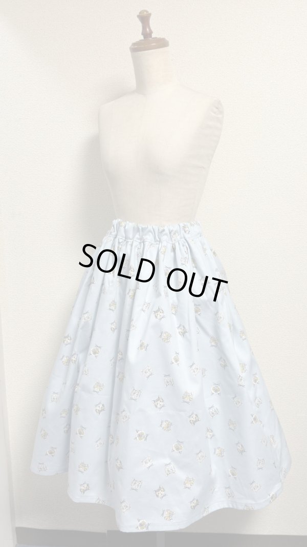 画像1: 1ハンドメイドギャザースカート【猫柄水色・66cm丈】