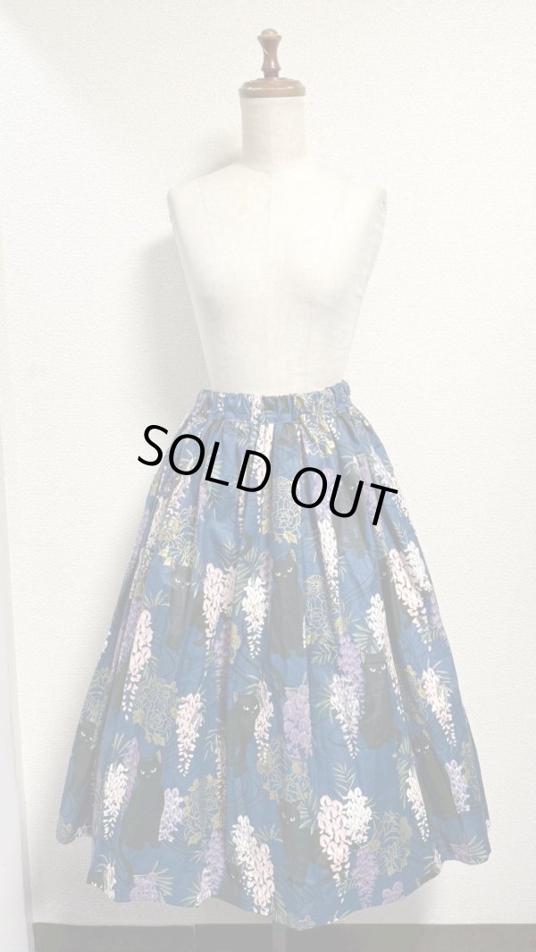 画像2: 5ハンドメイドギャザースカート【猫柄青系・70cm丈】