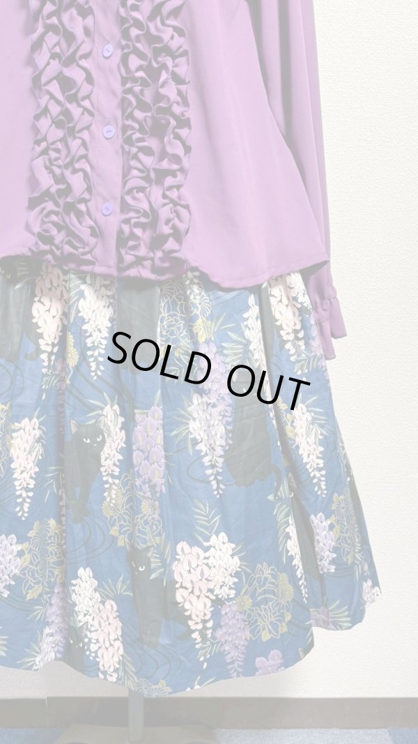 画像6: 5ハンドメイドギャザースカート【猫柄青系・70cm丈】