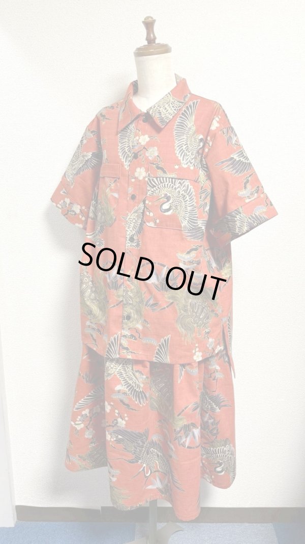 画像4: 7ハンドメイドギャザースカート【鶴亀柄　朱色系　65cm丈】