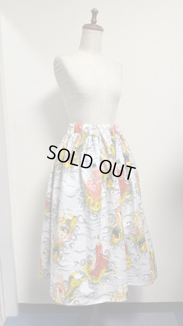 画像1: 7ハンドメイドギャザースカート【カメ猫柄グレー系　70cm丈】