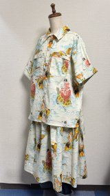 画像: 7ハンドメイドギャザースカート【カメ猫柄　オフ白系　78cm丈】