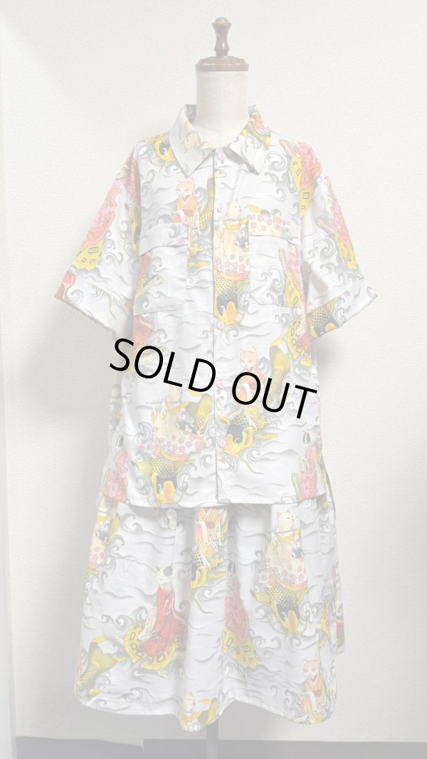 画像2: 7ハンドメイドギャザースカート【カメ猫柄グレー系　70cm丈】