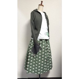 画像: 7ハンドメイドギャザースカート【カメポケット和柄 グリーン系 70cm丈】