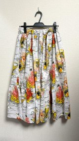 画像: 7ハンドメイド2段ギャザースカート【カメ猫柄グレー系　80cm丈】