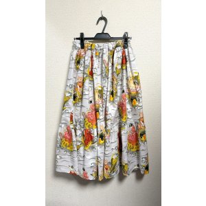 画像: 7ハンドメイド2段ギャザースカート【カメ猫柄グレー系 80cm丈】