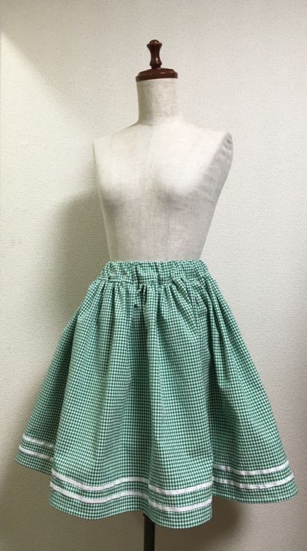 ハンドメイドスカート 緑ギンガムチェック柄 45cm丈 俵屋kato