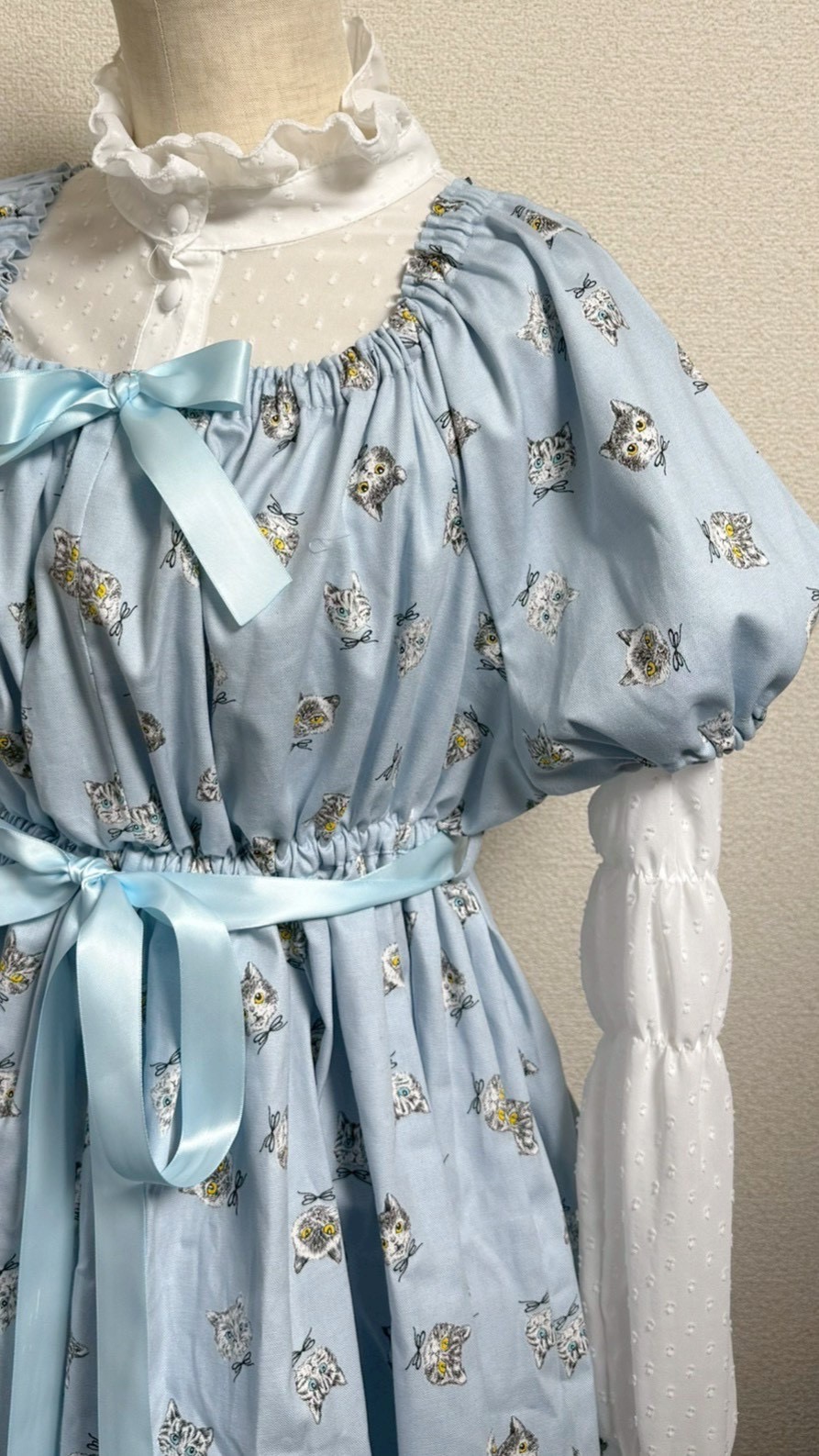 画像8: デイリーシャーリングワンピース【ねこ柄水色系・レギュラーサイズ】