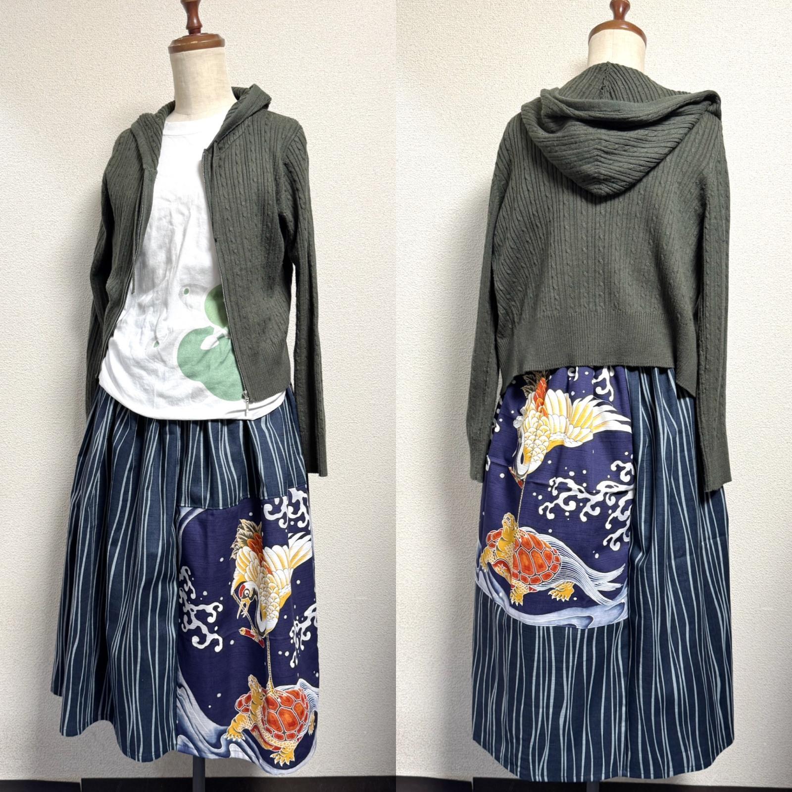 画像5: 7ハンドメイドギャザースカート【パネル鶴亀柄　ネイビー系　78cm丈】