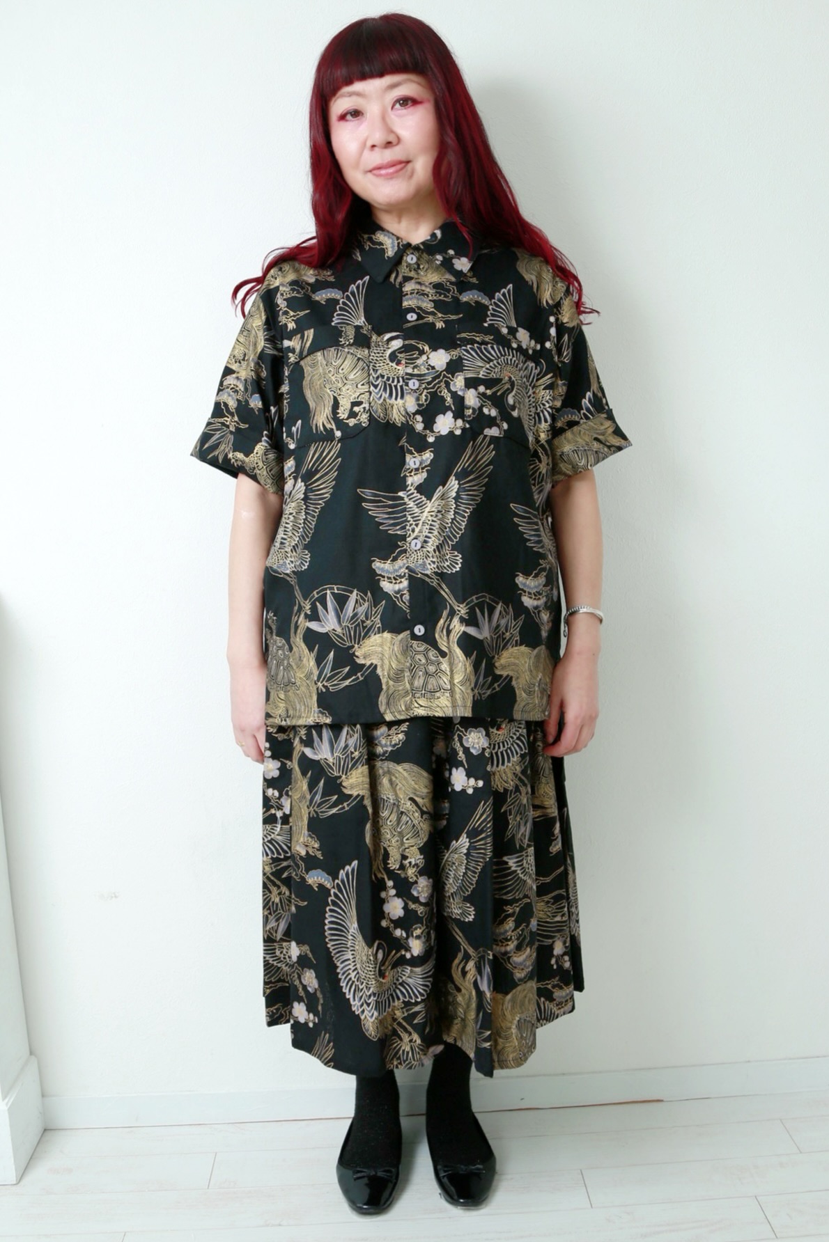 画像4: 7ハンドメイドギャザースカート【鶴亀柄　黒系　78cm丈】