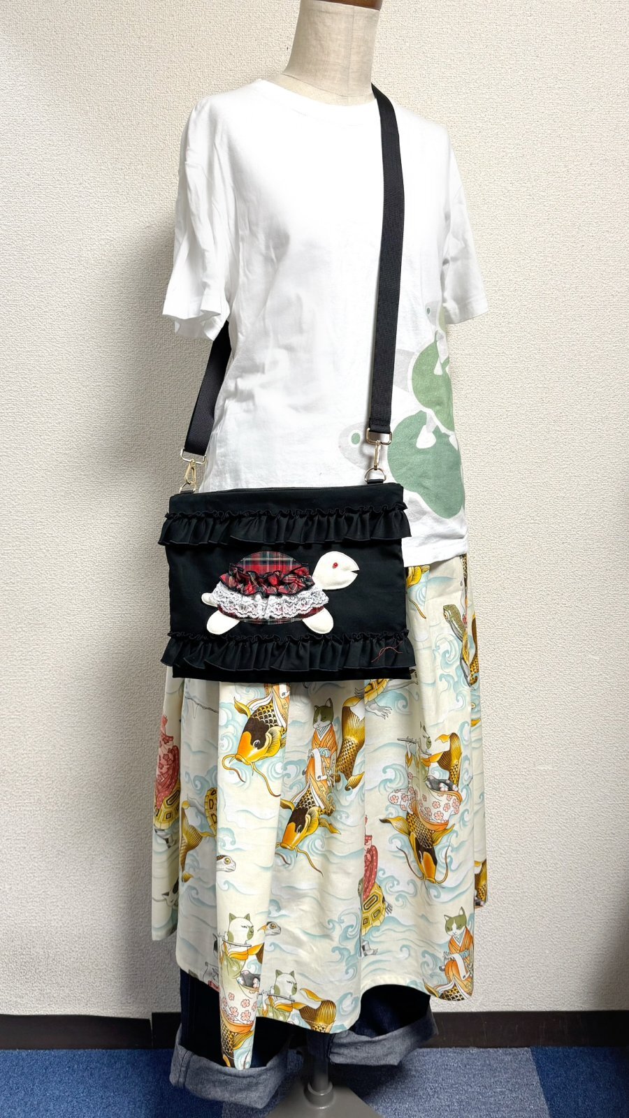 画像2: 7ハンドメイドギャザースカート【カメ猫柄　オフ白系　78cm丈】